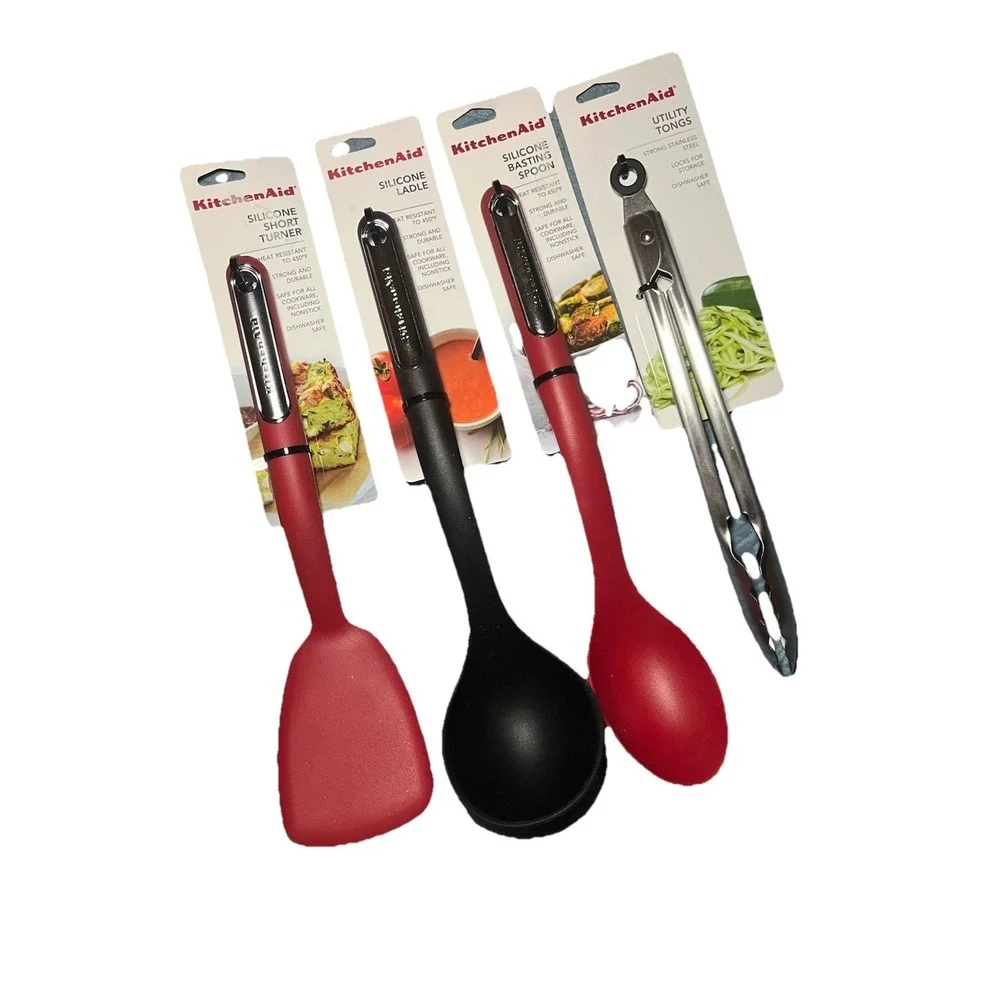 KitchenAid 4 Pc Black Red Silicone Ladle Basting Spoon and Lifter Safe Nonstick